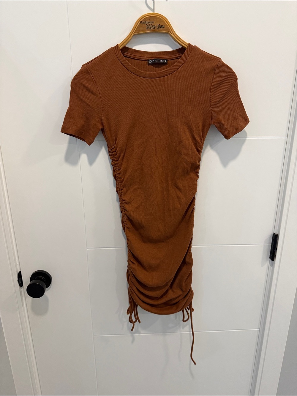 Zara Rust Brown Side-Ruched Tee Dress size small